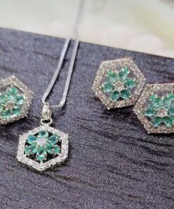 Elegant Pendant Set – C Green & Silver Stones - ammara jewels