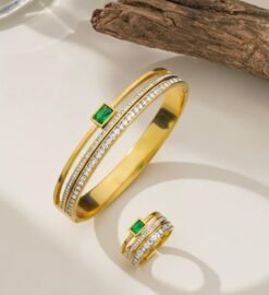 Stainless Steel Green Stone HandCuff with ring