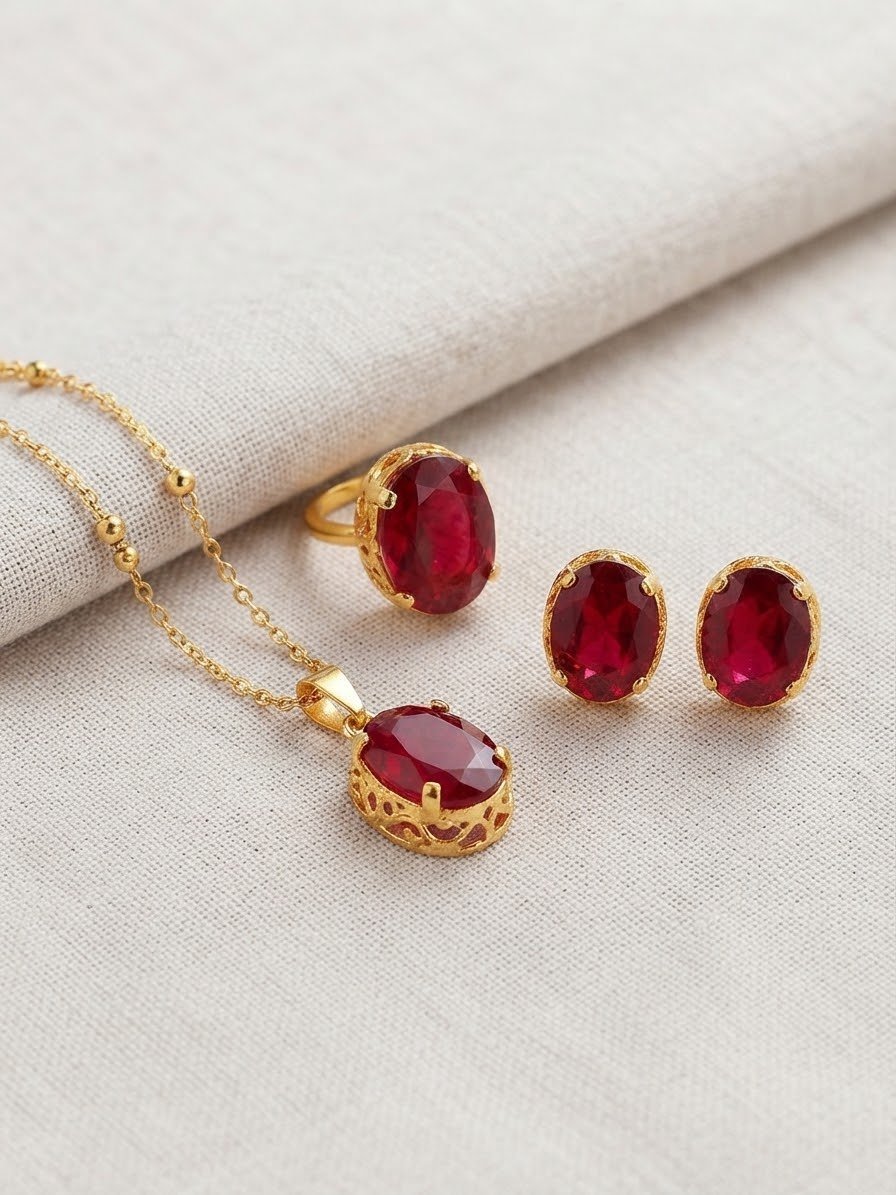 Gold Plated Single Stone Jewelry Set – Pendant, Ring & Studs