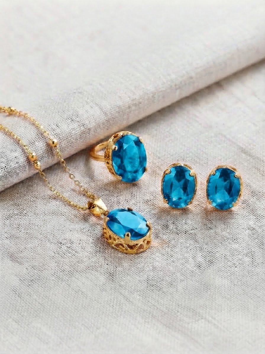 Gold Plated Single Stone Jewelry Set – Pendant, Ring & Studs