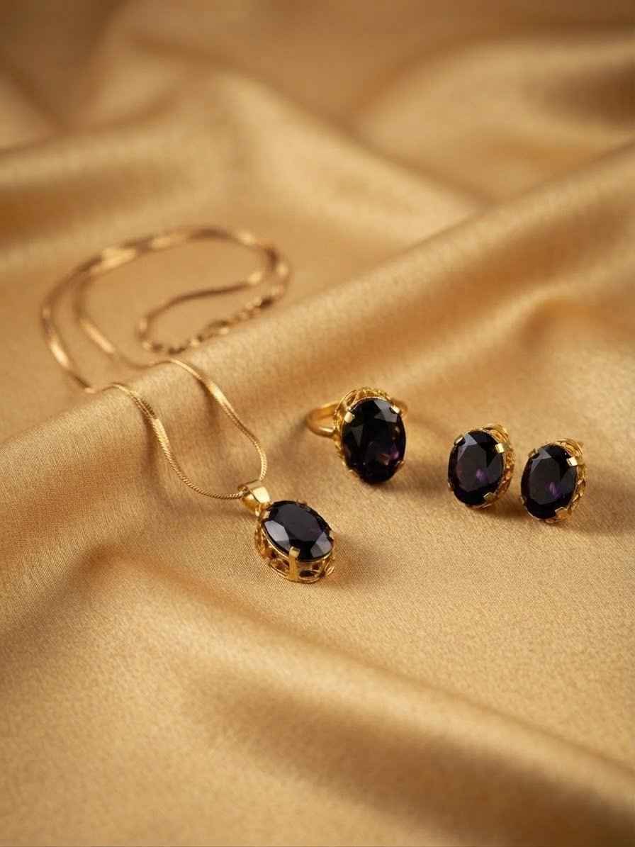 Gold Plated Single Stone Jewelry Set – Pendant, Ring & Studs
