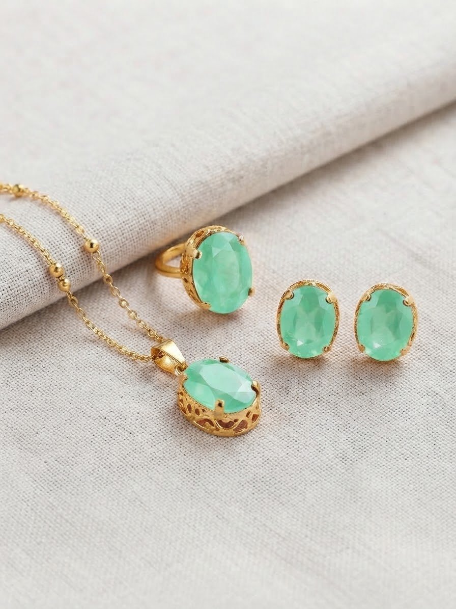 Gold Plated Single Stone Jewelry Set – Pendant, Ring & Studs