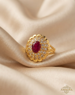Gold Polish Ruby Oval White Halo Ring – Standard Size
