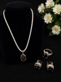 Gold Plated Pendant Set with Black Stone | Ammara Jewels