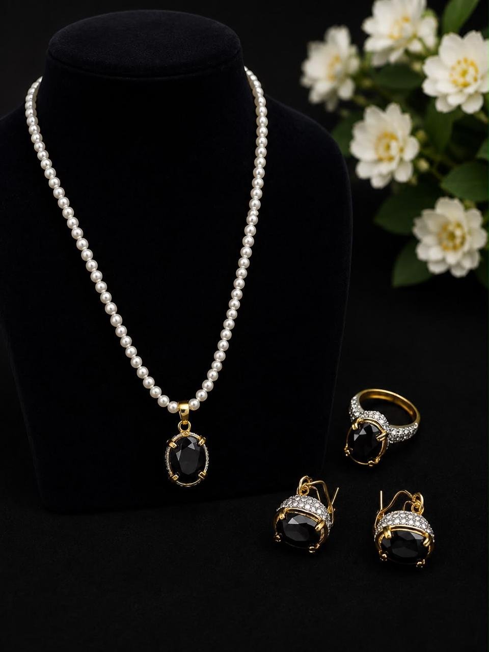 Gold Plated Pendant Set with Black Stone | Ammara Jewels