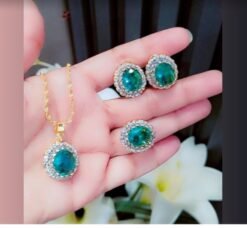 Gold Plated Green Oval Stone Halo Pendant Set | Ammara Jewels