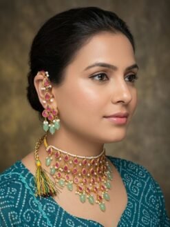 Pink and Mint Kundan Choker Set with Earrings and Ring