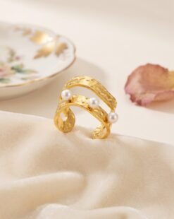 Triple Pearl Hammered Band Ring – Adjustable - Ammara Jewels